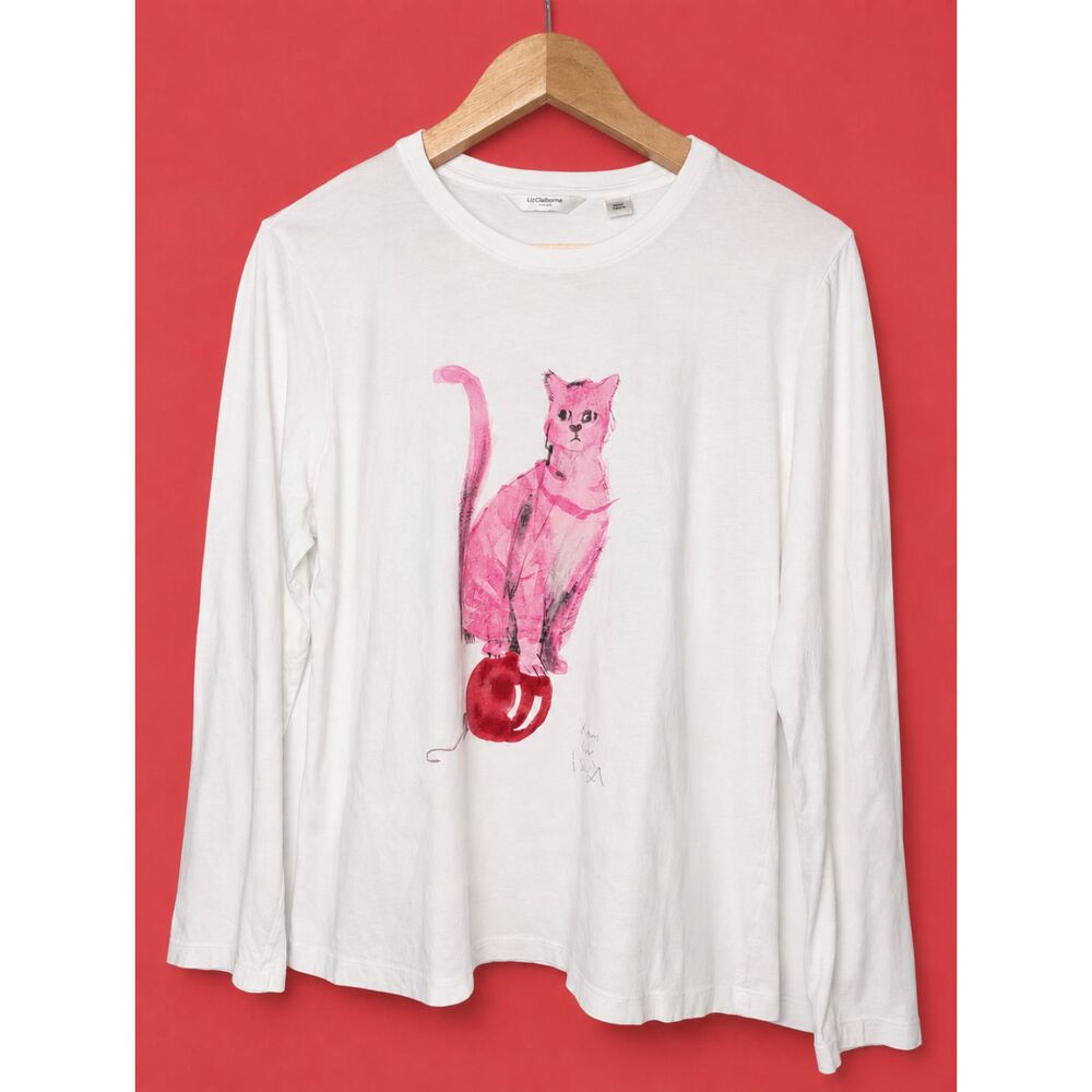 Liz Claiborne Christmas Cat Graphic Long Sleeve Shirt L Pink Cat Holiday Novelty